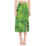 Green Pot Leaf Print Side Slit Midi Skirt