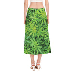 Green Pot Leaf Print Side Slit Midi Skirt