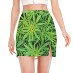 Green Pot Leaf Print Side Slit Mini Skirt