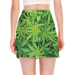 Green Pot Leaf Print Side Slit Mini Skirt