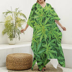 Green Pot Leaf Print Silk V-Neck Kaftan Dress
