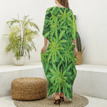 Green Pot Leaf Print Silk V-Neck Kaftan Dress