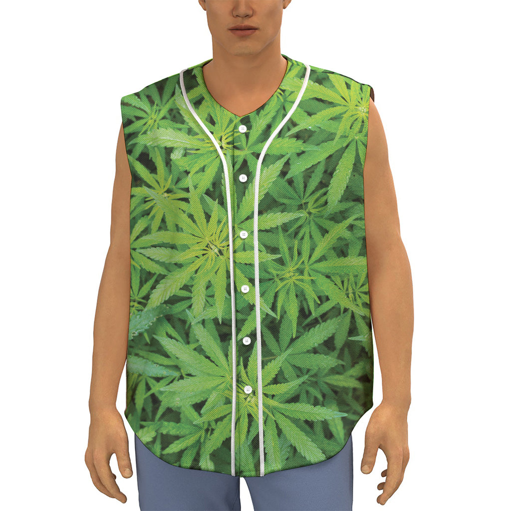Green Pot Leaf Print Sleeveless Baseball Jersey
