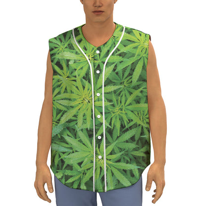 Green Pot Leaf Print Sleeveless Baseball Jersey