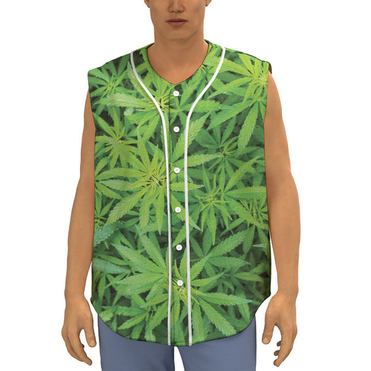 Green Pot Leaf Print Sleeveless Baseball Jersey