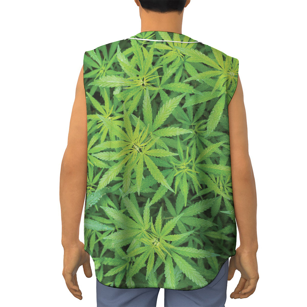 Green Pot Leaf Print Sleeveless Baseball Jersey