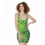 Green Pot Leaf Print Sleeveless Bodycon Dress