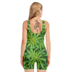 Green Pot Leaf Print Sleeveless One Piece Swimsuit