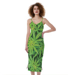 Green Pot Leaf Print Slim Fit Midi Cami Dress