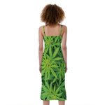 Green Pot Leaf Print Slim Fit Midi Cami Dress