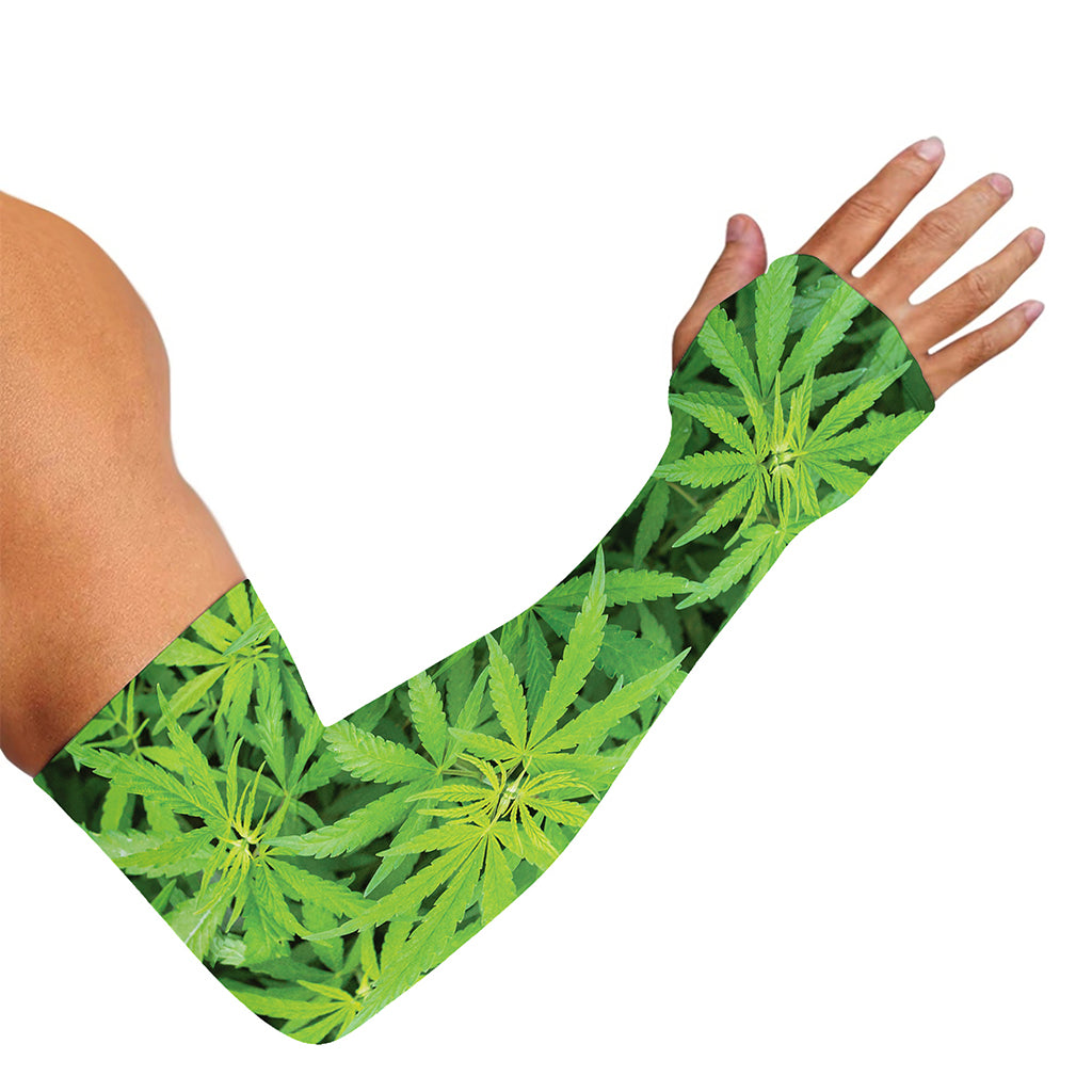 Green Pot Leaf Print Sun Protection Arm Sleeves