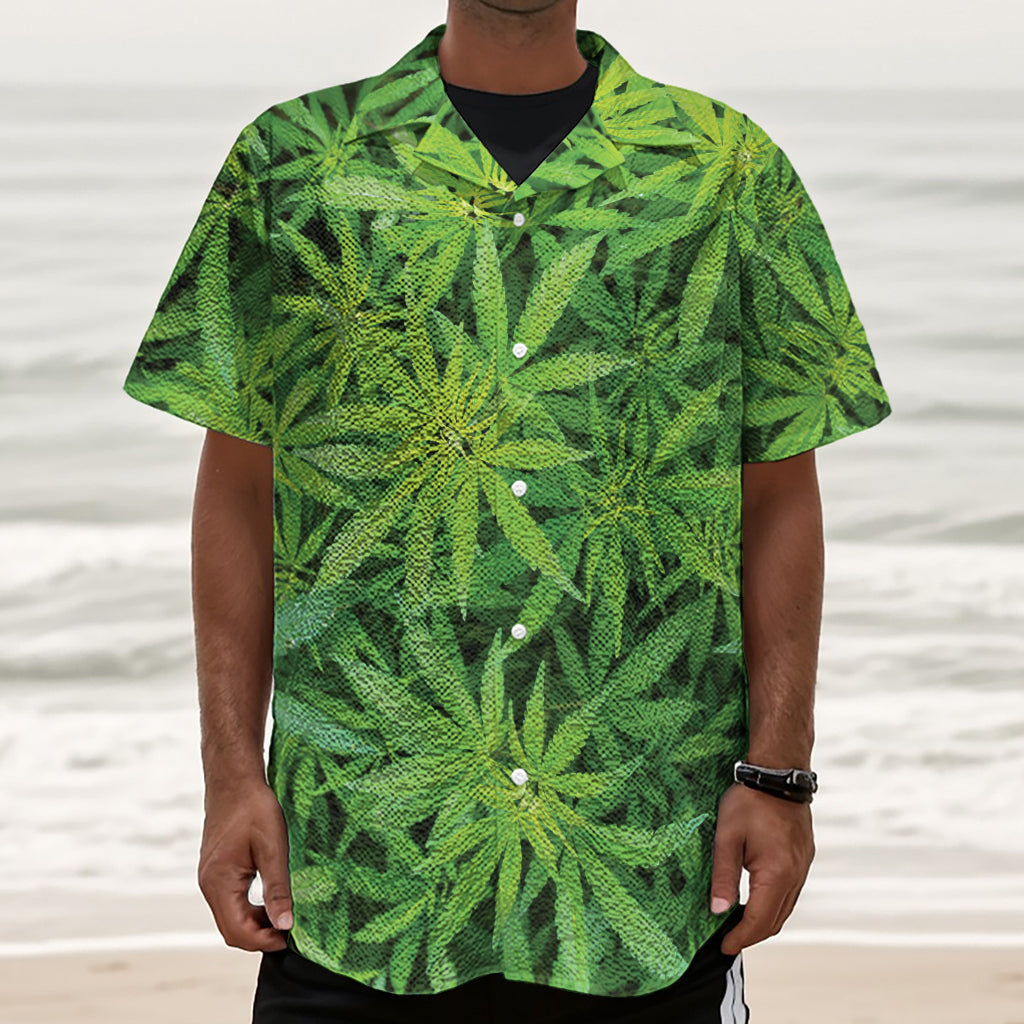Green Pot Leaf Print Textured Short Sleeve Shirt
