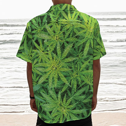 Green Pot Leaf Print Textured Short Sleeve Shirt