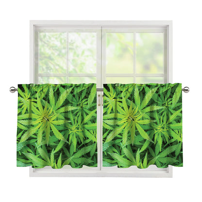 Green Pot Leaf Print Tier Curtains