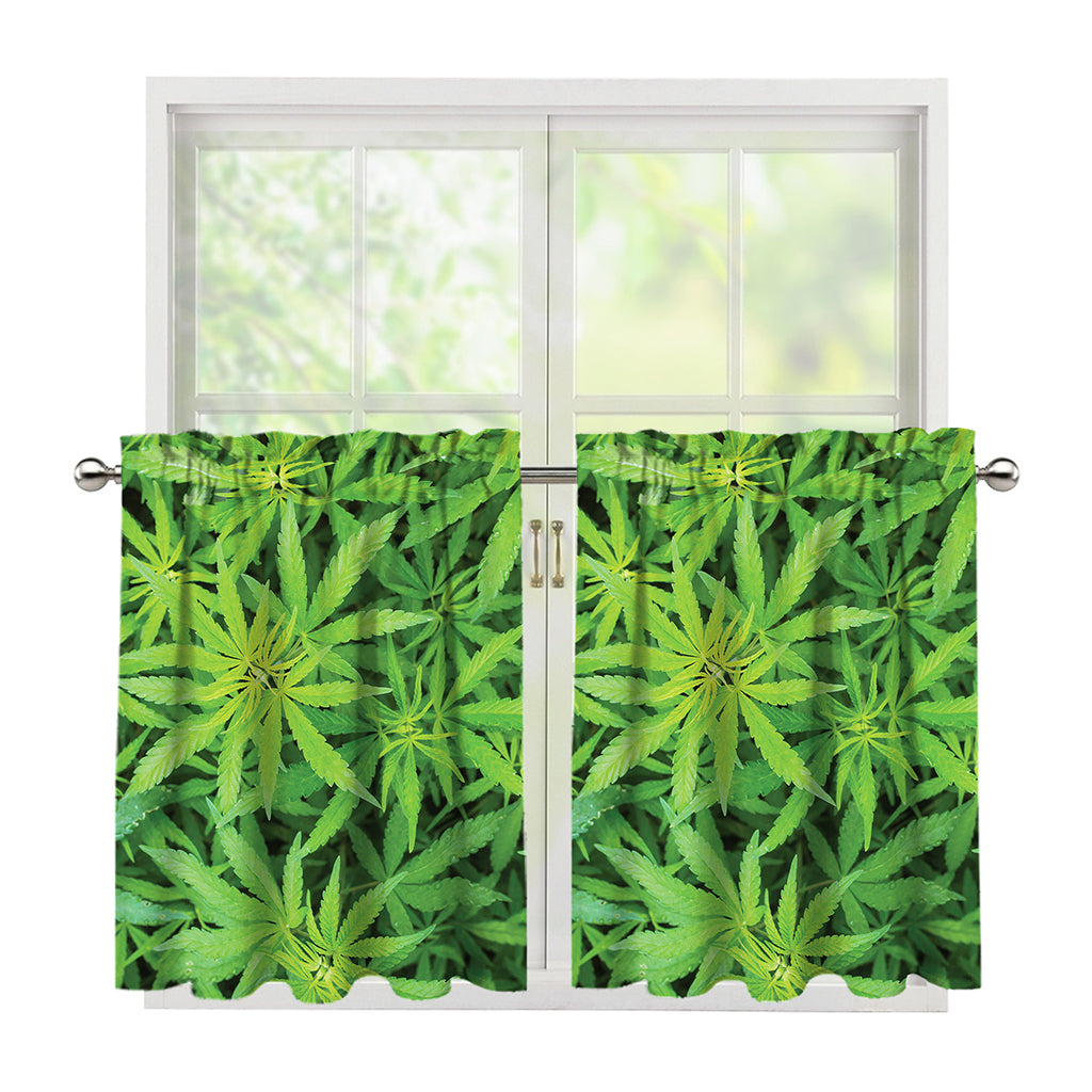 Green Pot Leaf Print Tier Curtains