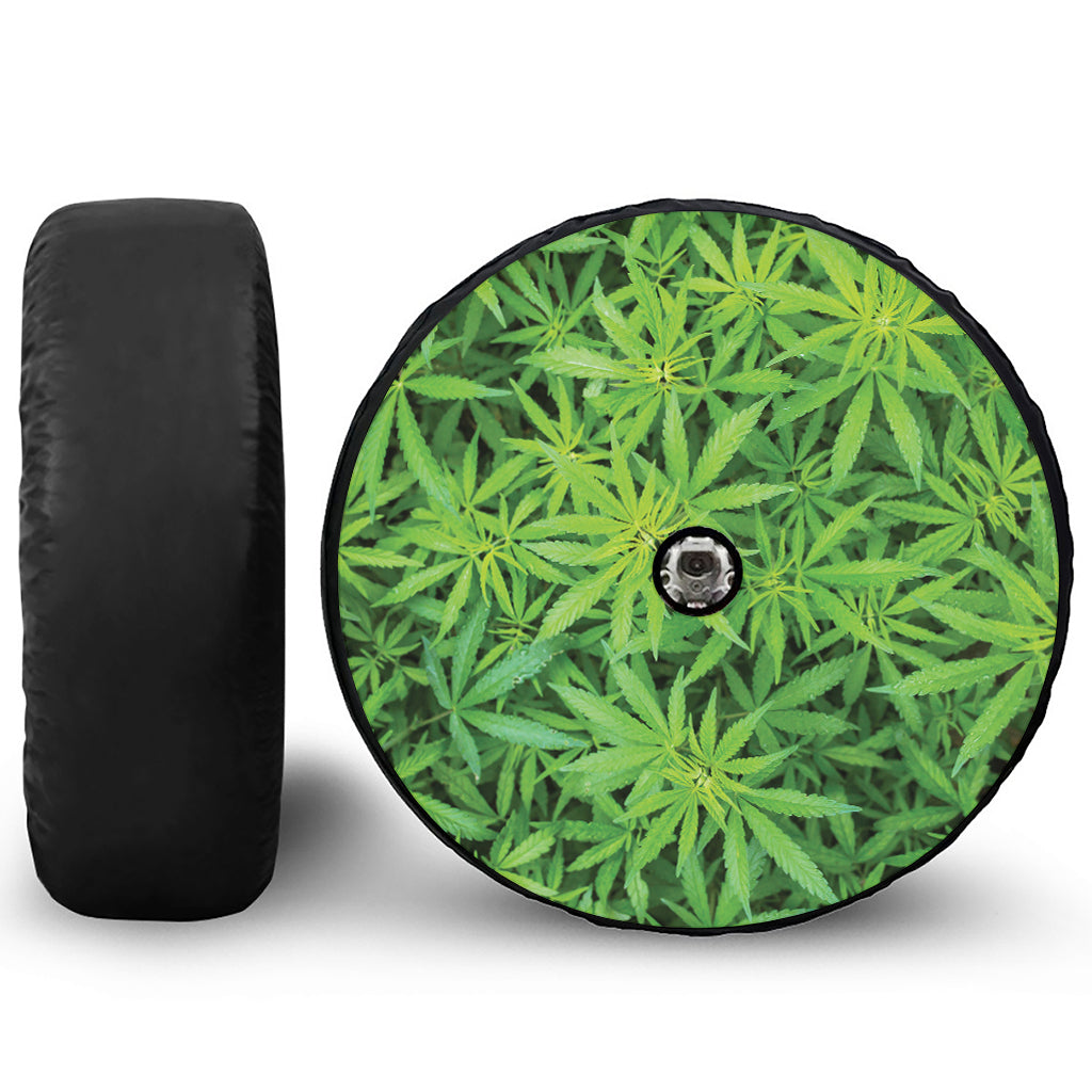 Green Pot Leaf Print Tire Cover With Camera Hole