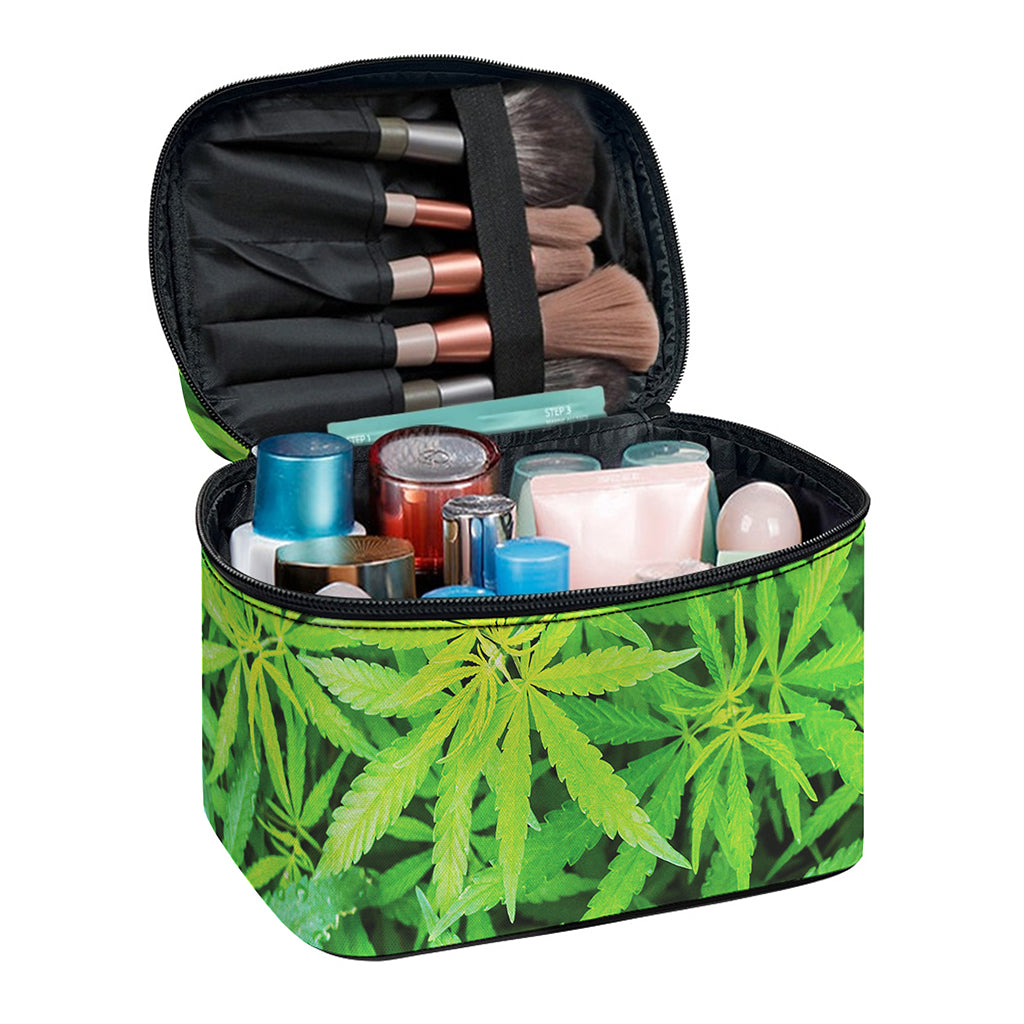 Green Pot Leaf Print Travel Makeup Bag