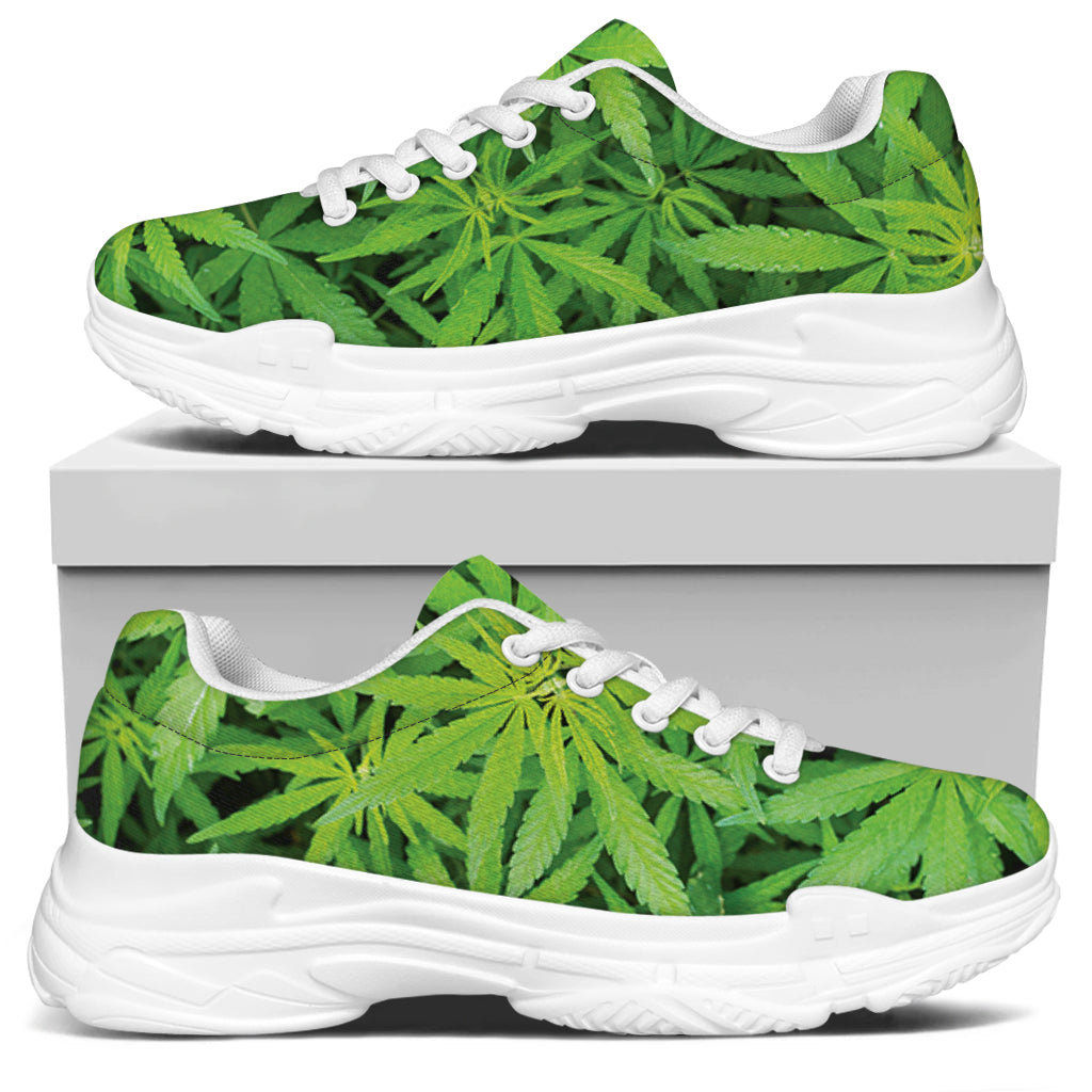Green Pot Leaf Print White Chunky Shoes