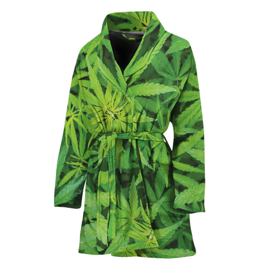 Green Pot Leaf Print Women's Bathrobe