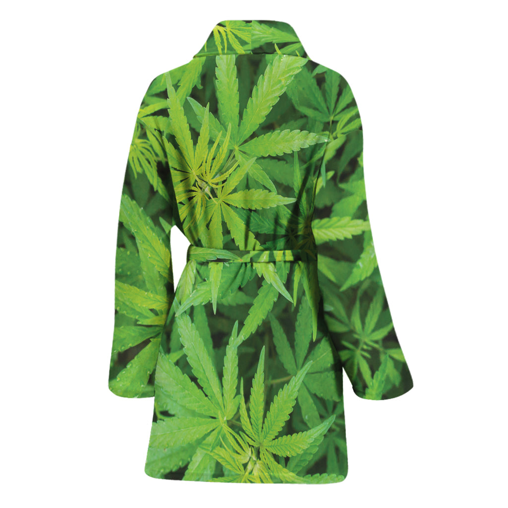 Green Pot Leaf Print Women's Bathrobe