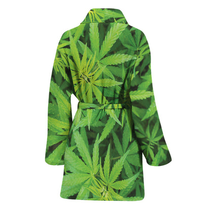 Green Pot Leaf Print Women's Bathrobe