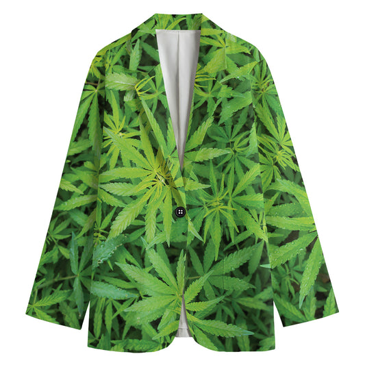 Green Pot Leaf Print Women's Blazer