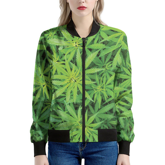 Green Pot Leaf Print Women's Bomber Jacket