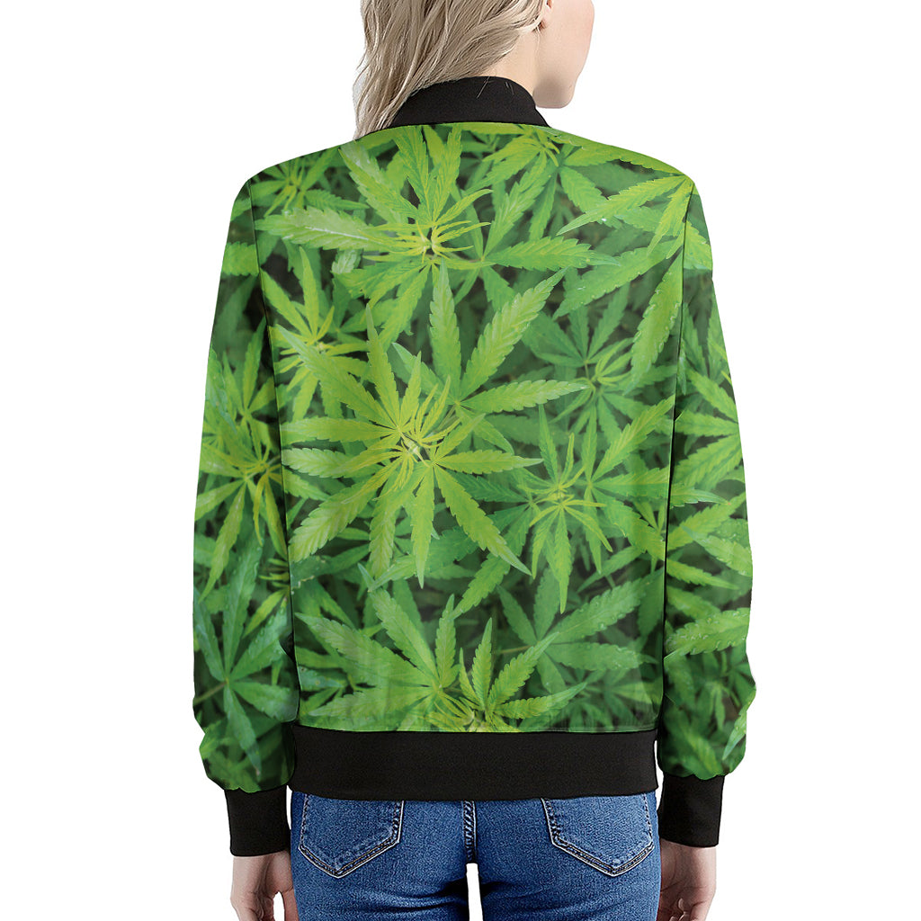 Green Pot Leaf Print Women's Bomber Jacket