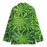 Green Pot Leaf Print Women's Cotton Blazer