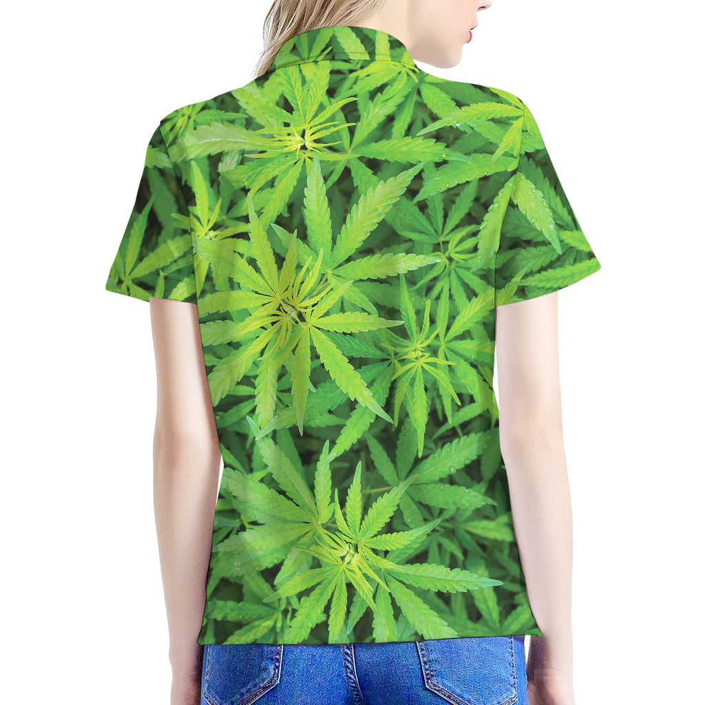 Green Pot Leaf Print Women's Polo Shirt