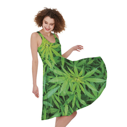 Green Pot Leaf Print Women's Sleeveless Dress