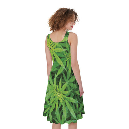Green Pot Leaf Print Women's Sleeveless Dress