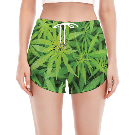 Green Pot Leaf Print Women's Split Running Shorts