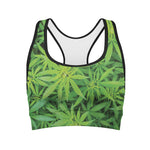 Green Pot Leaf Print Women's Sports Bra