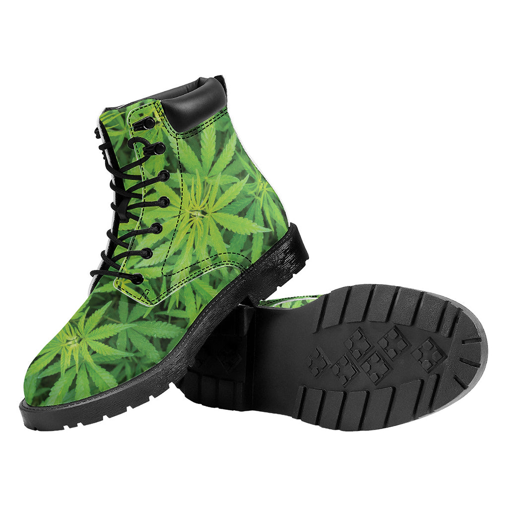 Green Pot Leaf Print Work Boots
