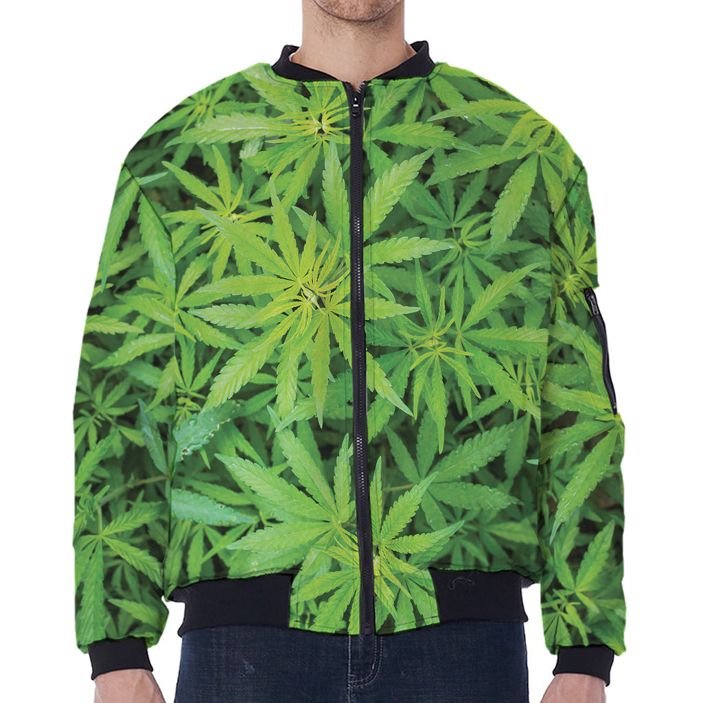 Green Pot Leaf Print Zip Sleeve Bomber Jacket