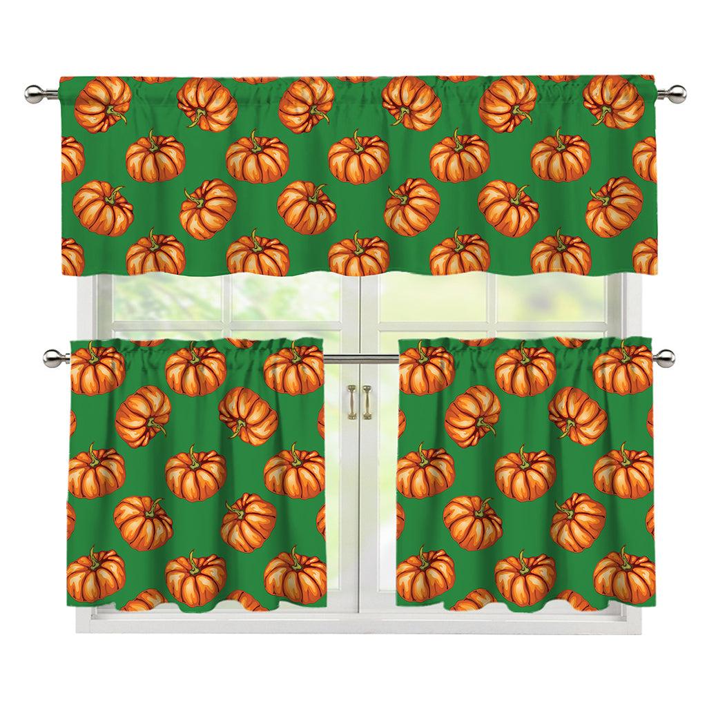 Green Pumpkin Pattern Print 3 Piece Kitchen Curtains