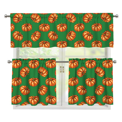 Green Pumpkin Pattern Print 3 Piece Kitchen Curtains