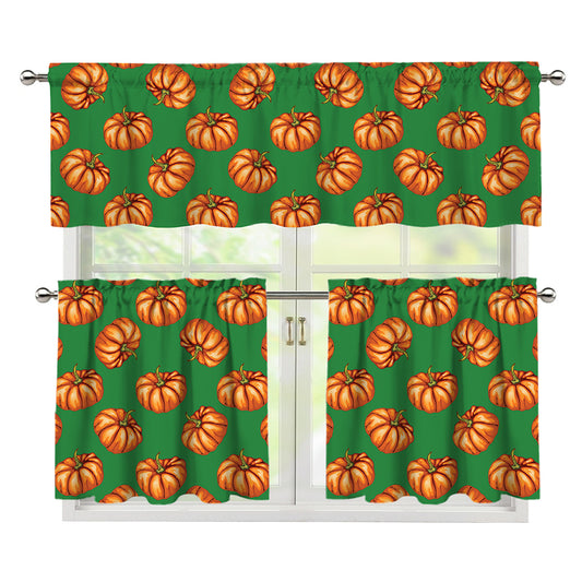 Green Pumpkin Pattern Print 3 Piece Kitchen Curtains