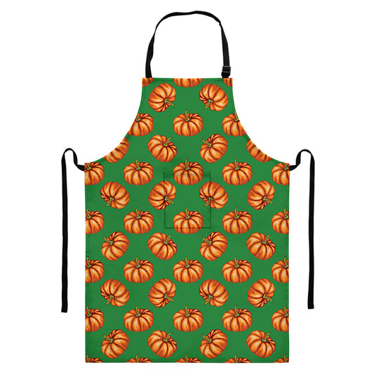 Green Pumpkin Pattern Print Bib Apron With Pocket