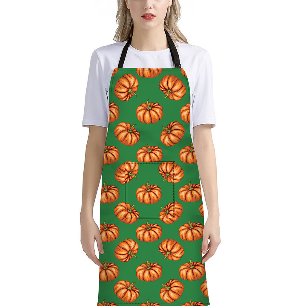 Green Pumpkin Pattern Print Bib Apron With Pocket