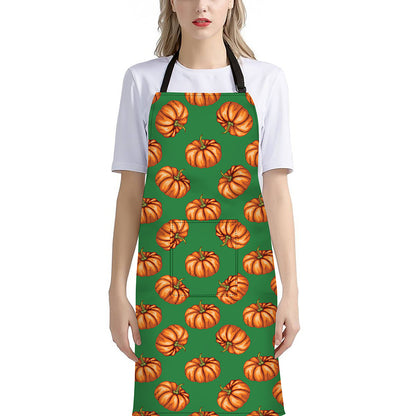 Green Pumpkin Pattern Print Bib Apron With Pocket