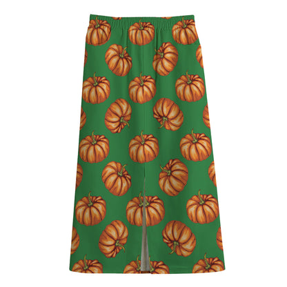 Green Pumpkin Pattern Print Cotton Front Slit Maxi Skirt