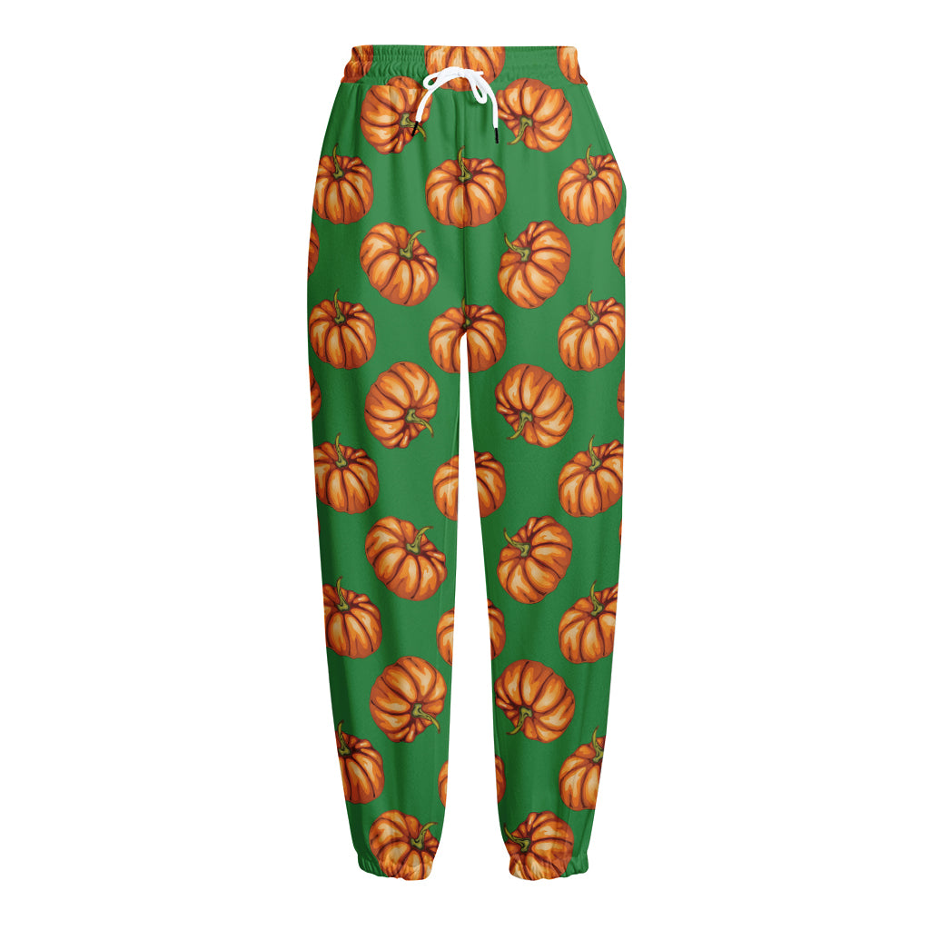 Green Pumpkin Pattern Print Fleece Lined Knit Pants
