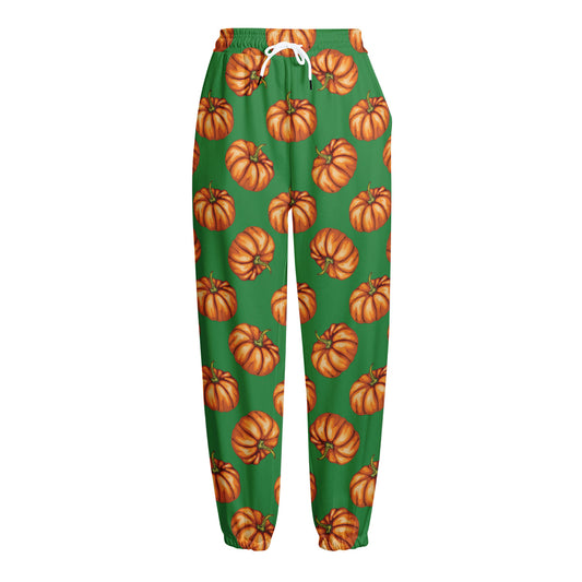 Green Pumpkin Pattern Print Fleece Lined Knit Pants