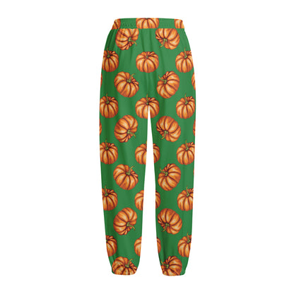 Green Pumpkin Pattern Print Fleece Lined Knit Pants