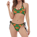 Green Pumpkin Pattern Print Halter Scoop Tie Side Bikini