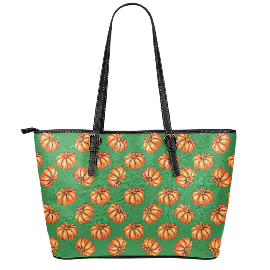 Green Pumpkin Pattern Print Leather Tote Bag