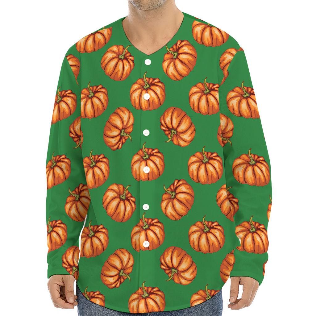 Green Pumpkin Pattern Print Long Sleeve Baseball Jersey