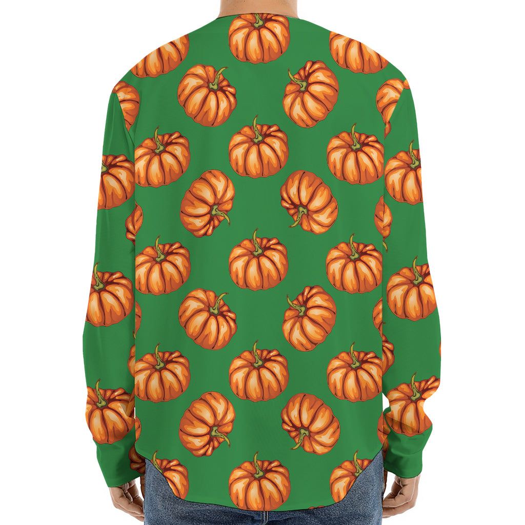 Green Pumpkin Pattern Print Long Sleeve Baseball Jersey